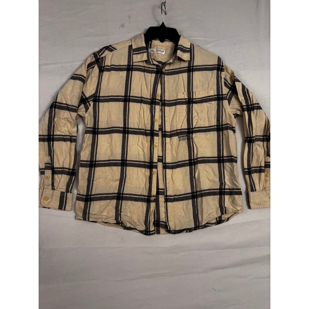 Zara Boys Flannel Shirt 13-14Y / 164cm Beige Black Plaid Long Sleeve Button Fron